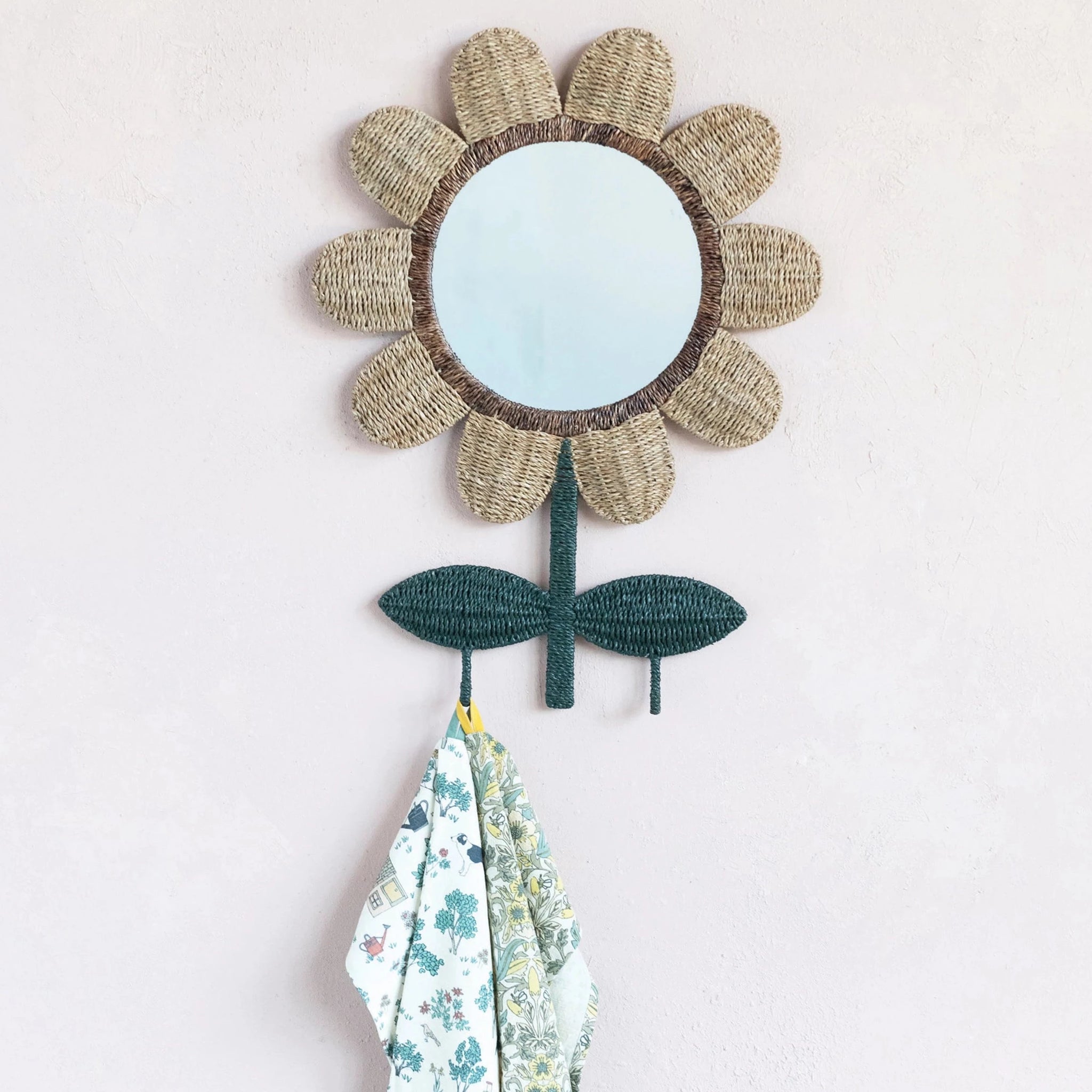 Hand-Woven & Metal Flower Wall Mirror w/ 2 Hooks – Little Barn Baby
